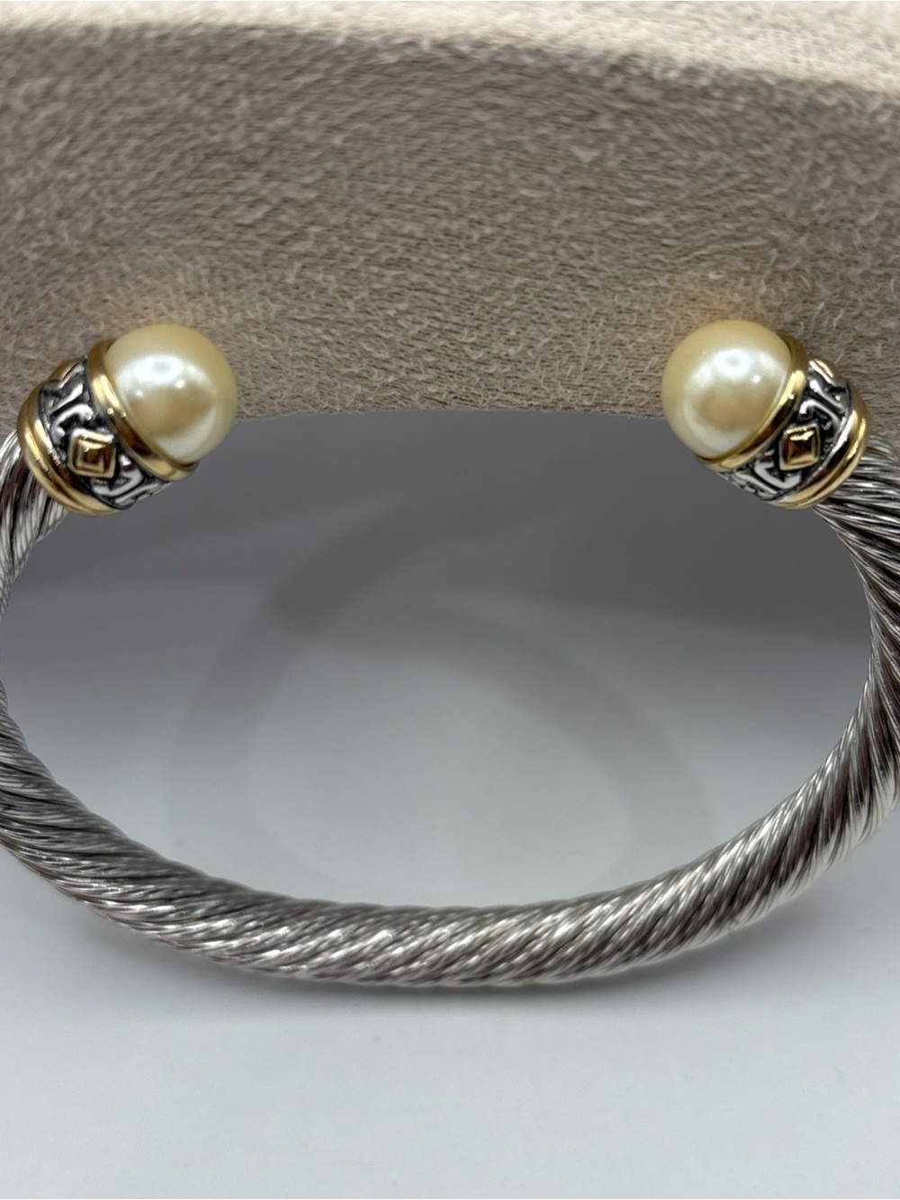 John Medeiros Cuff Bracelet with Pearl Caps and Gold Accents - Silver and Cream